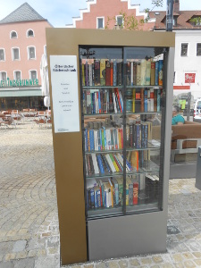 More elaborate than homemade little free libraries, this is a large metal and glass case with five full shelves of books, but the principle of freely take and return books is still the same