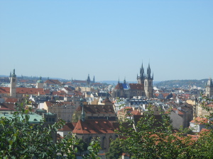 The south side of the river abuts a steep hill about 150 feet in height, so the view from the hill top park is mostly the roofs of downtown Prague