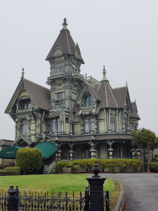 The tallest tower of the Carson house extends to four stories; Victorian decorative carpentry adorns the large mansion placed on a huge lot in downtown Eureka.